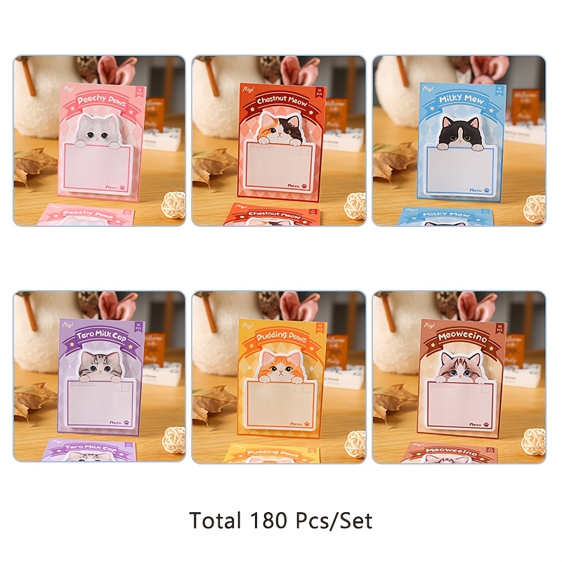 TEMU Lot de 180 notes autocollantes mignonnes sur le thème des chats, convient pour les messages quotidiens , papier à notes, bloc-mémo