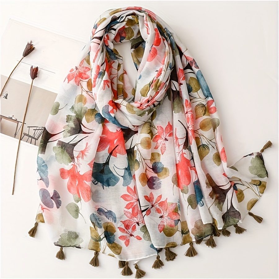 

Women's Leaf And Floral Print Soft Tassel Scarf Polyester Breathable Shawl For Casual Weekend, Woven Decorative Beach Wrap With Inelasticity