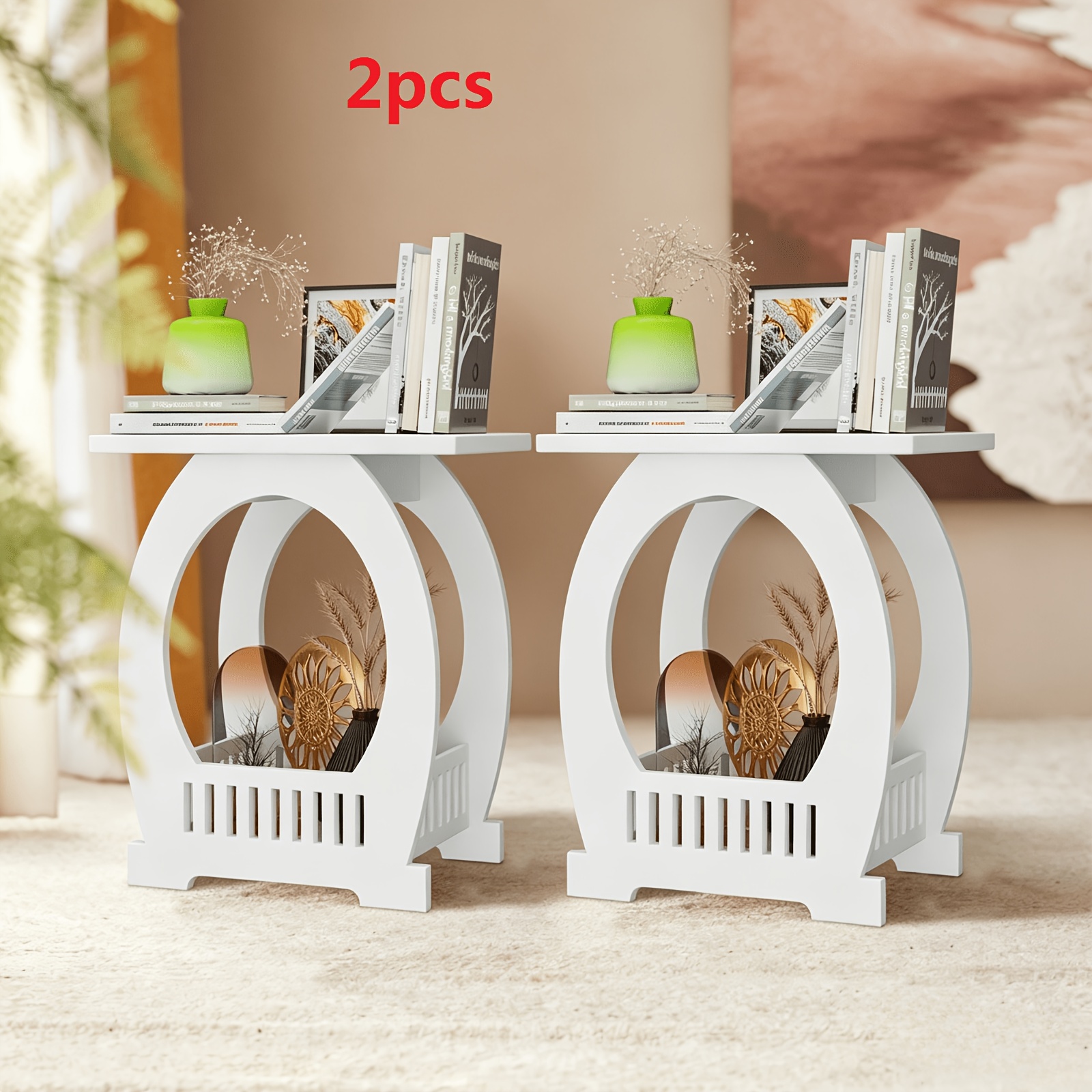 TEMU 2pcs Vertical Shelf 2 Tiers Modern White Side Table With Storage Shelf - Compact Space-saving Room, Bedroom, Bathroom, Office, And Hallway -