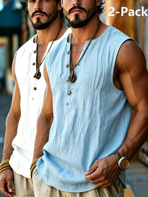 artikel foto heren henley shirt en vest 2-delige set mouwloos tank button-up shirt zomer mode boheemse vakantie