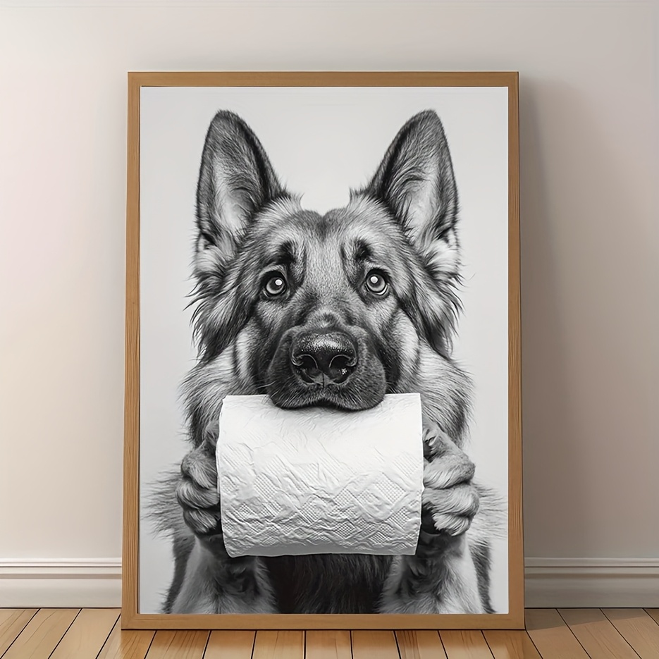 

2d 1pc, German Shepherd With Toilet Paper Art Print, 12x16 Inches, , Funny Animal Wall Decor, Gift, Bathroom Decor, Home Bedroom Room Art Poster For Office Hotel Cafe