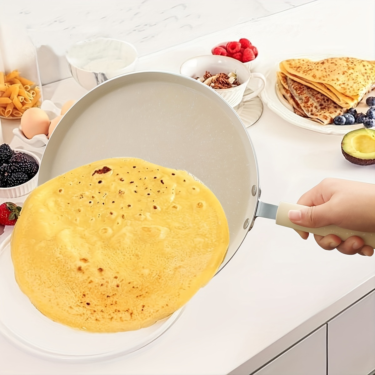 beige maifan stone nonstick crepe pan set with wooden handle dishwasher safe aluminum pancake   for electric coil gas stove and induction cooktop use no electricity required details 5