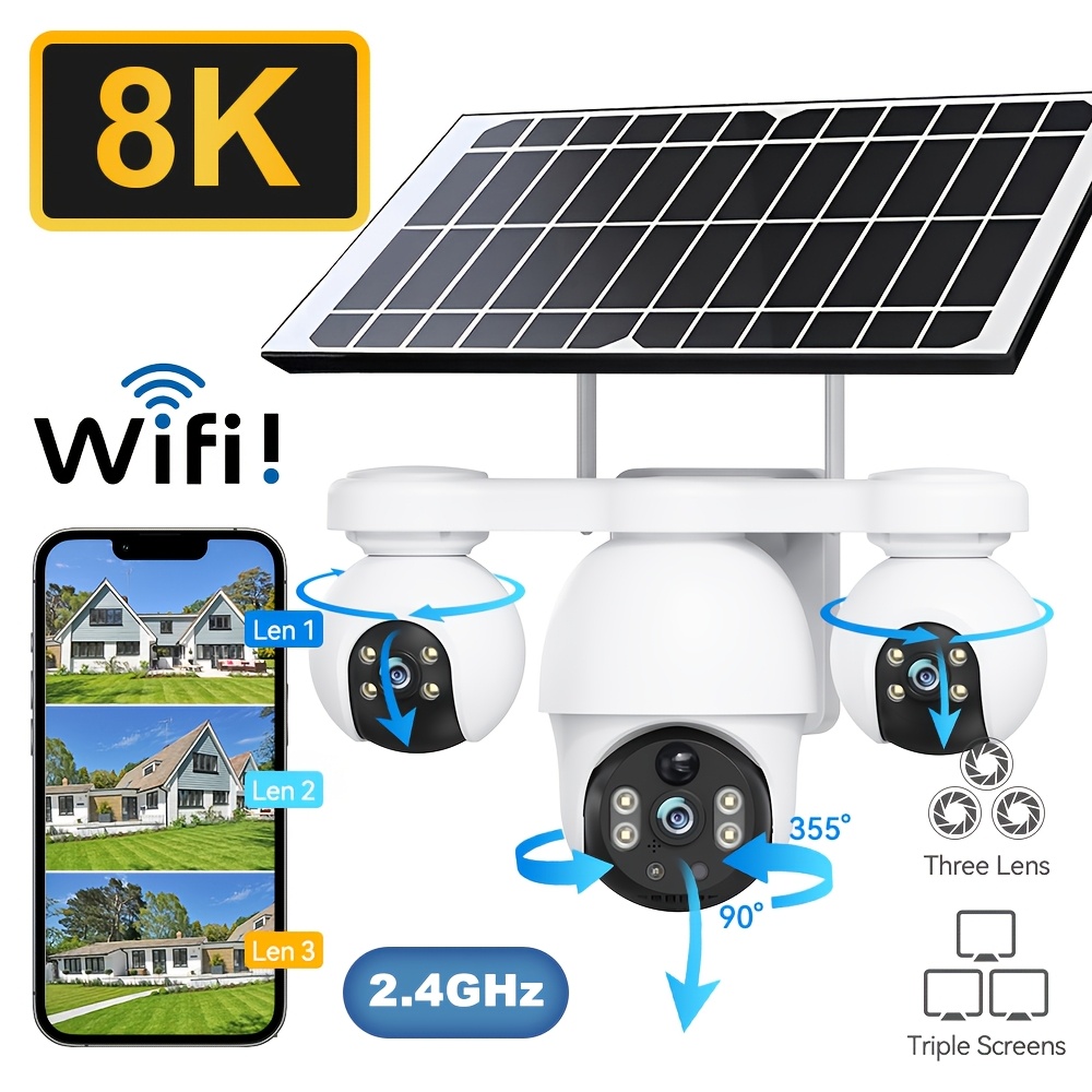 TEMU Triple Screen 8k Wifi Outdoor Solar Security Camera Video Surveillance Ptz360° Pan Tilt Rotation Motion Tracking Pir Human Detection Voice Night