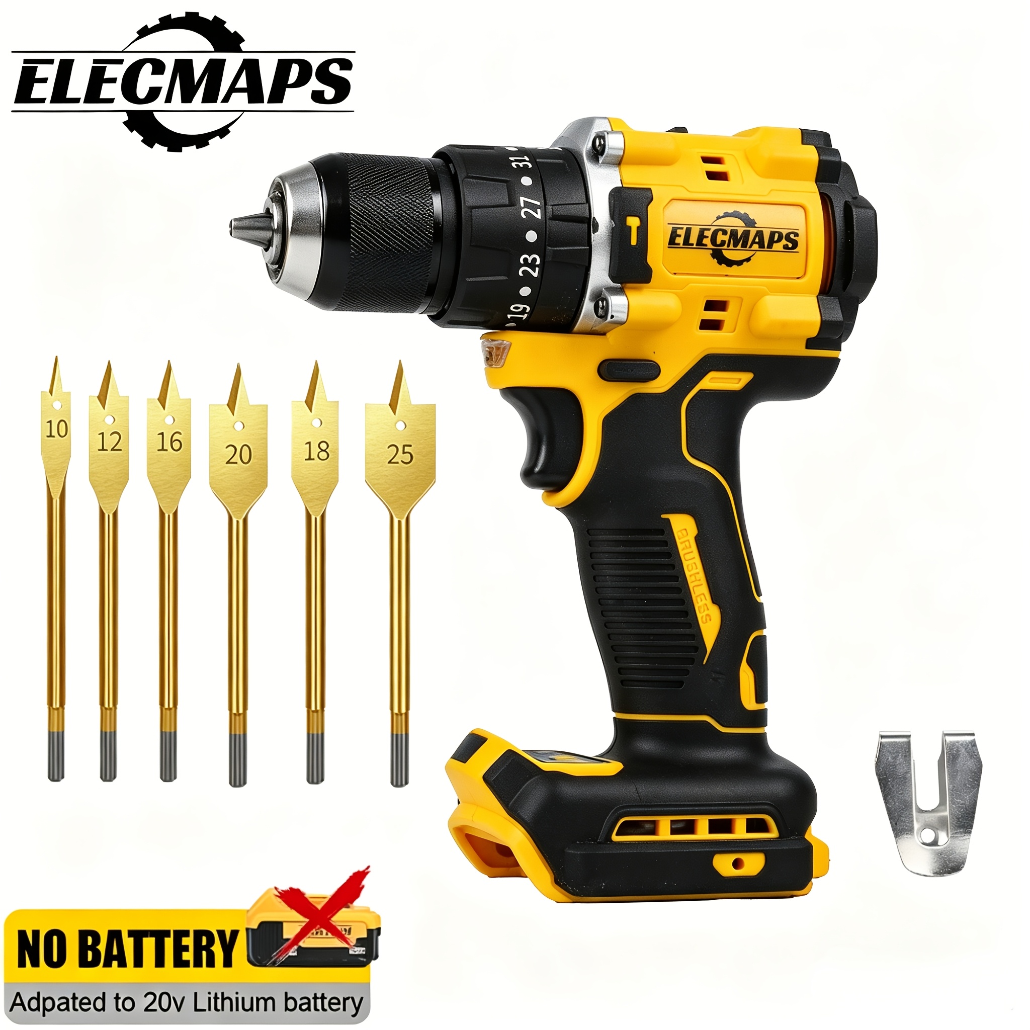Brushless 3/8" Cordless Electric Drill with LED Work Light and 6 Drill Bits, Battery Not Included, Lightweight Metal Design for Home Renovat