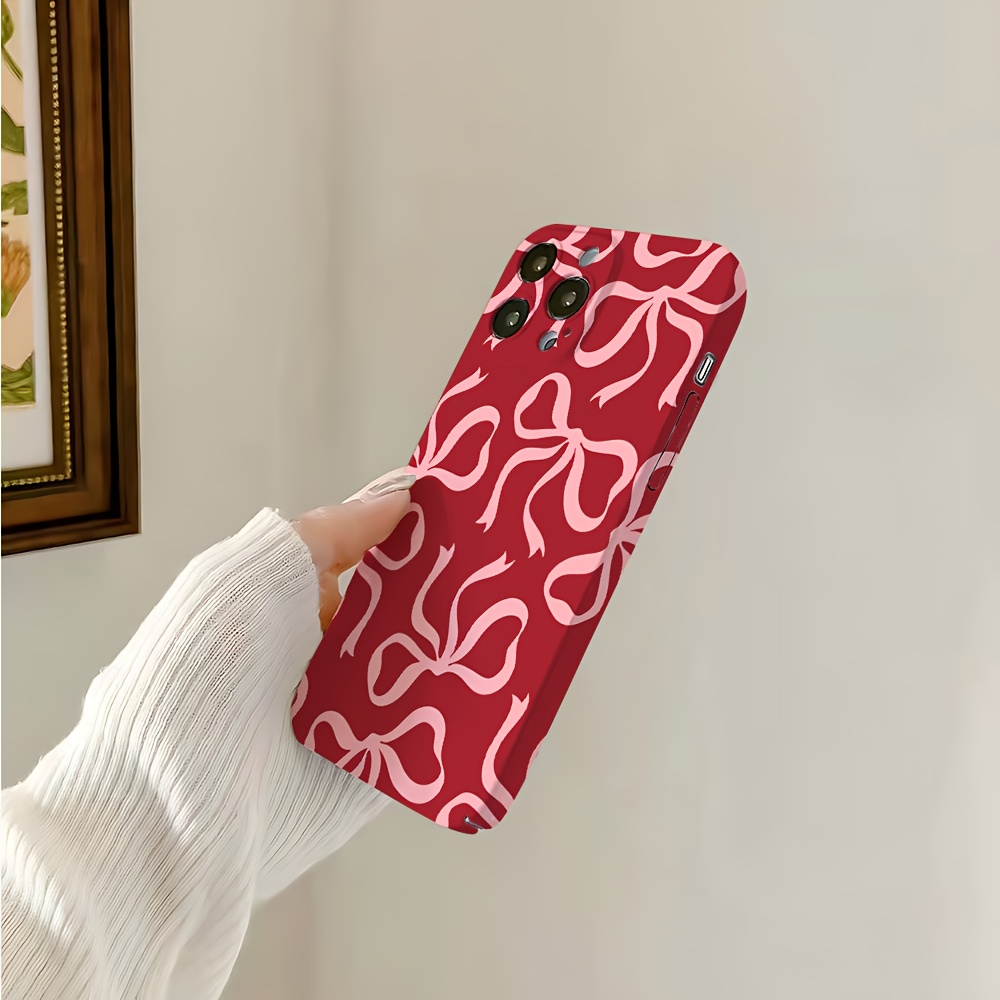 Phone Case - Pink Bows On Red Phone Case Suitable For Iphone 16 16e 15 14 13 12 11 Mini Pro Xr Xsmax 8 7 Plus Lens Protection Shockproof Hard Pc Back Cover