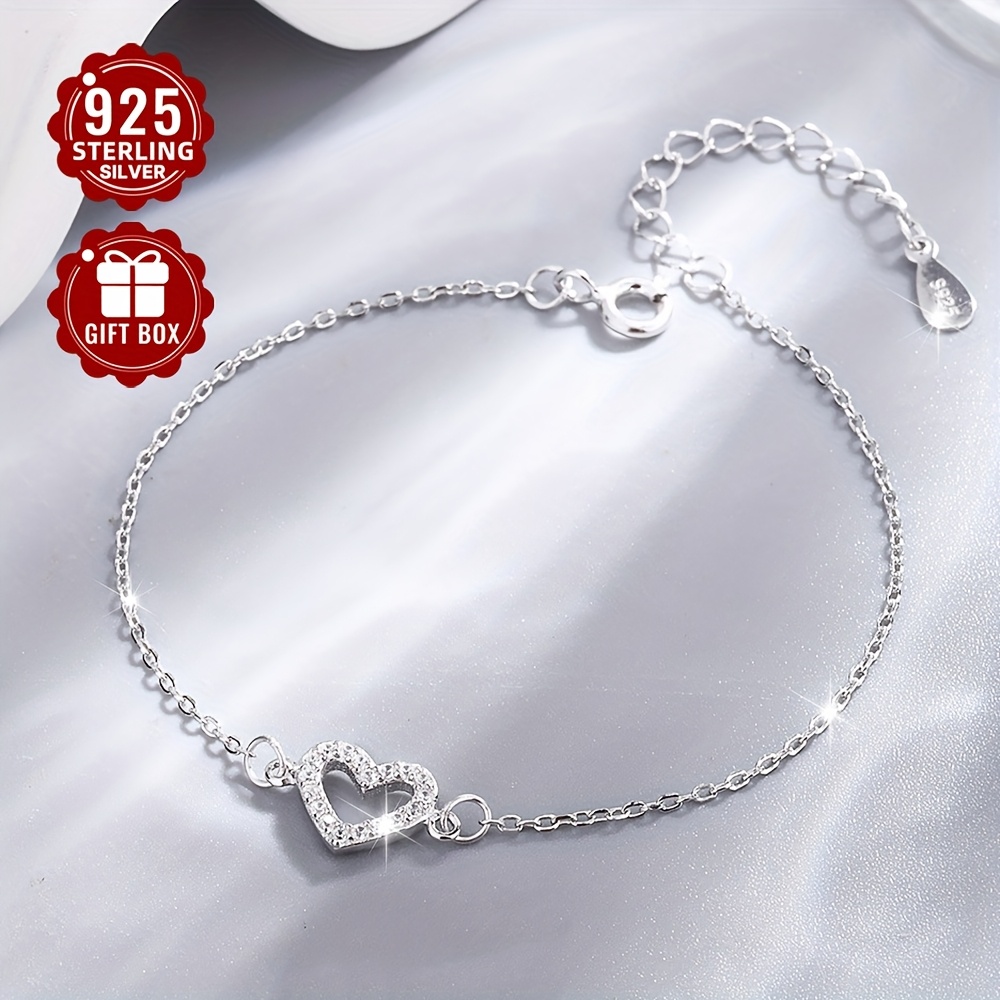 

1pc Vana 925 Sterling Silver Heart Charm Bracelet With Synthetic Cubic Zirconia For Women, Classic , Suitable For , Parties, And Music Festivals, Valentine's Day Gift