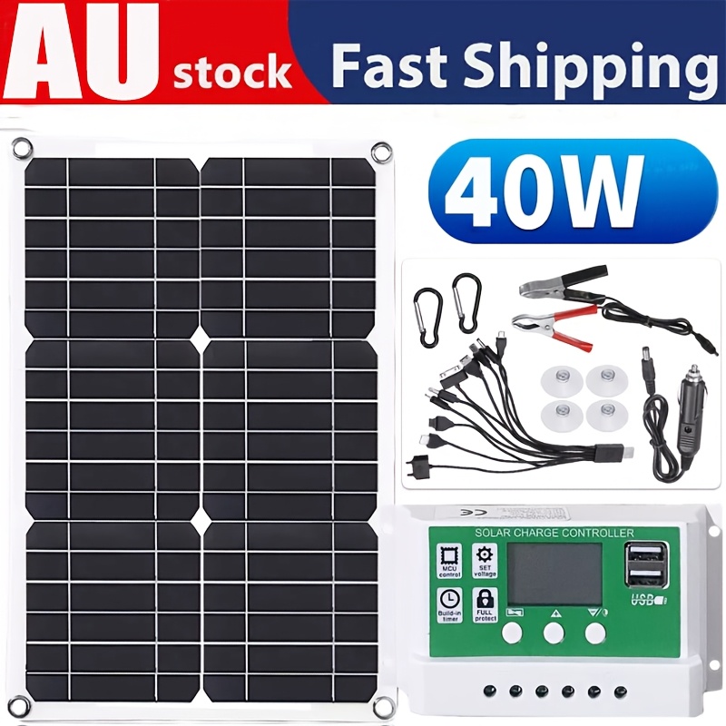 TEMU 40w 6v/12v/18v Solar Panel With 100a Solar Charging Controller And Extension Cable With Battery Clip, Dual Usb Output, Suitable For Home And