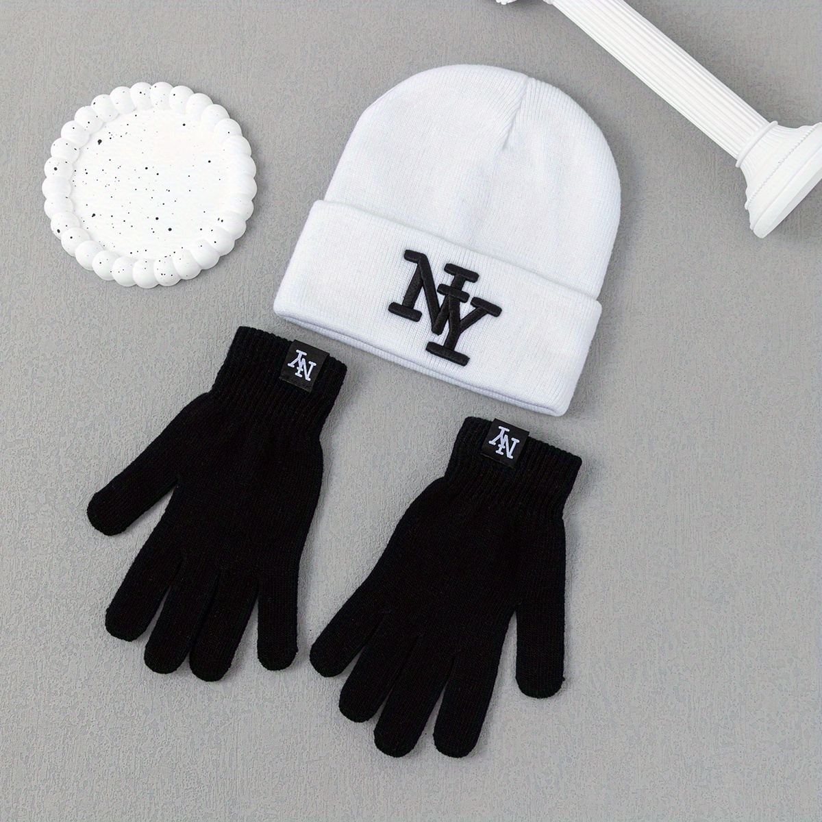 TEMU Ny 2pcs Set: 1pc Hat And Gloves, Unisex Cold-weather Accessories, Outdoor Sports Warm Hat And Fingerless Gloves