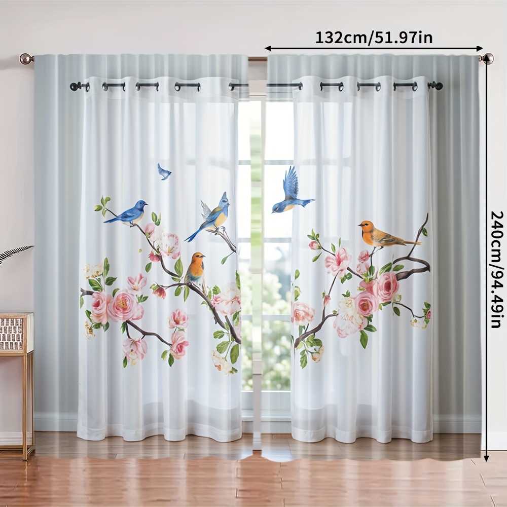 TEMU 2 pièces, Rideaux de style rétro toutes , Imprimés floraux et oiseaux, Polyester, Parfaits pour Salon, Chambre à coucher, Bureau, Salle à manger