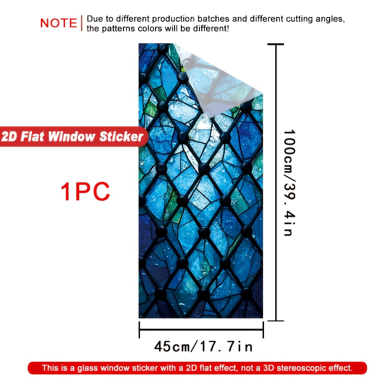 TEMU 2d Flat, 1pc Geometric Blue Glass 2d Flat Window Films, Pvc Electrostatic Adsorption Heat Resistant And Removable For Home Office Living Room