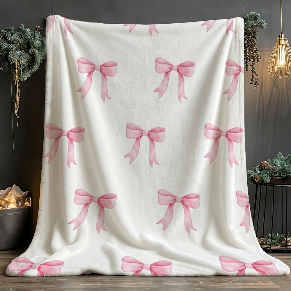 TEMU 1pc, Bow Print Blanket, Flannel Dining Table, Off-white Background, Printed With Multiple Pink Bow Patterns, Single-sided Printing, Suitable For