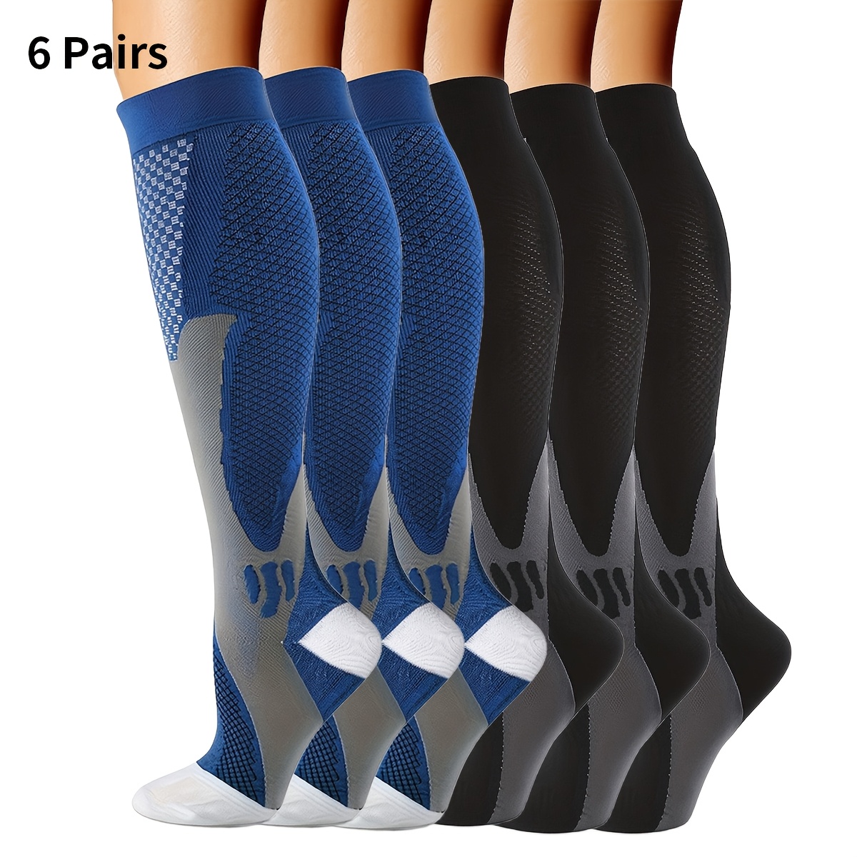 TEMU 6 Pairs Of Unisex Long Compression Socks 15-20mmhg, Multifunctional Sports And Knee-high Socks