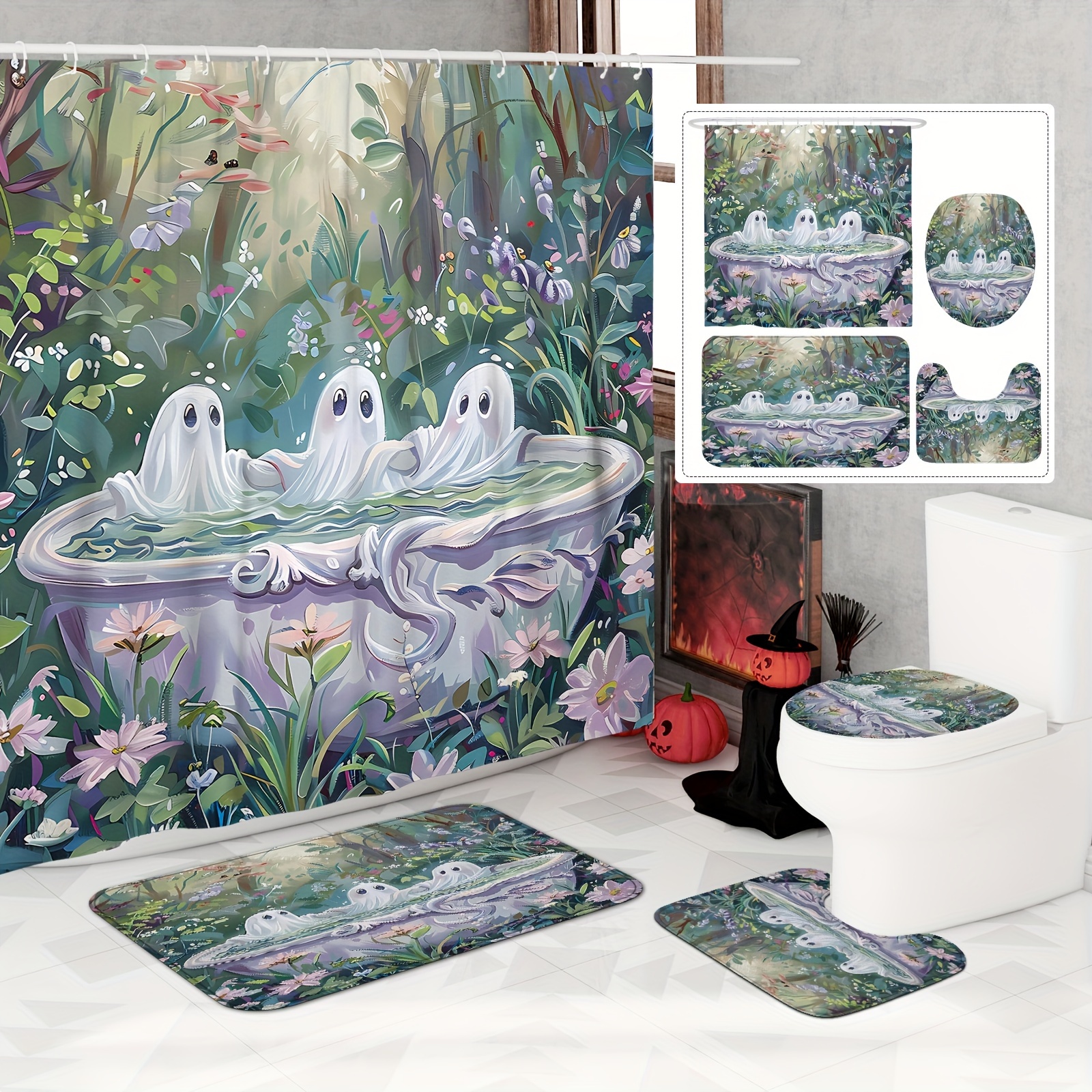 

1/4pcs Halloween Curtain Set - , , Bath Mat, Lid , 12 - Bathtub For Bathroom Or Decor