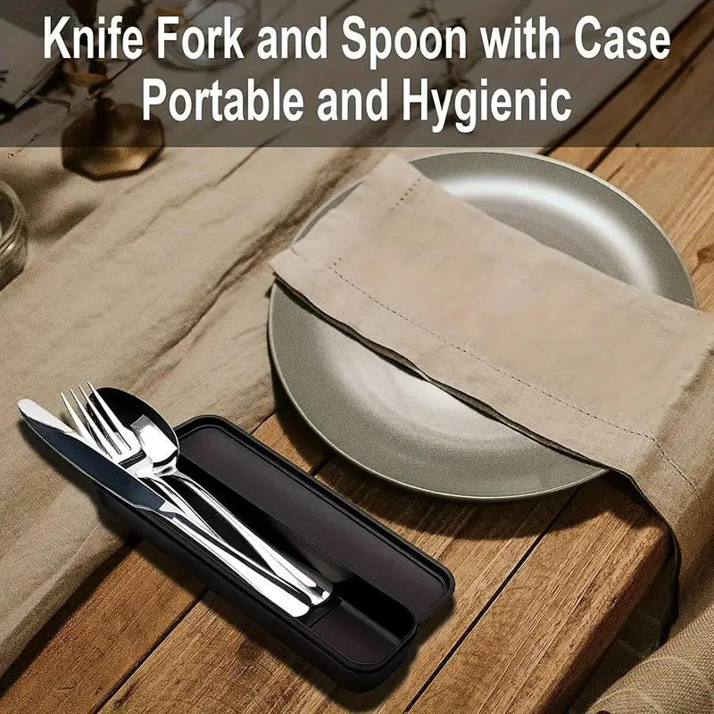 4pcs customized text engraved 3pcs stainless steel cutlery set portable knife and box silvery black essential for couples travel school restaurant lunch box christmas gift Product details 2