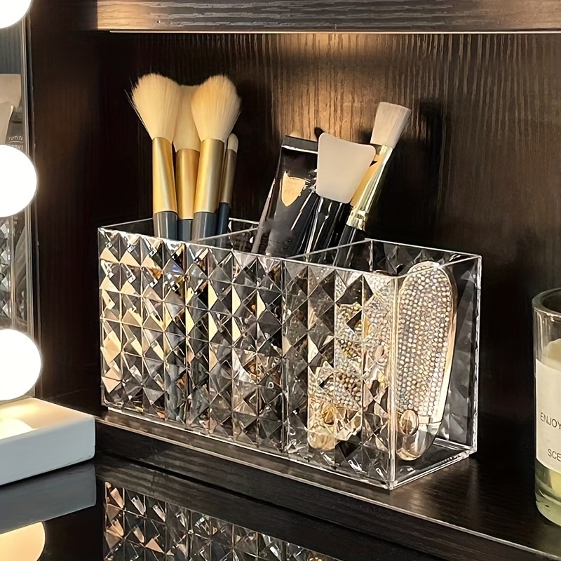 

Luxury Diamond Pattern 3-slot Makeup Organizer - , Transparent Plastic Cosmetic Storage Box For Brushes & Eyebrow Pencils, Lightweight & No Power Needed