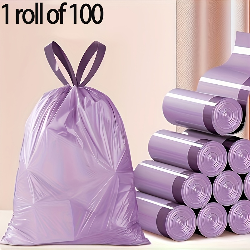 1 roll of 100 pcs purple drawstring trash bags thick leak proof disposable plastic garbage bags portable and convenient waste disposal multi purpose suitable for kitchen bathroom bedroom living room and toilet for household use