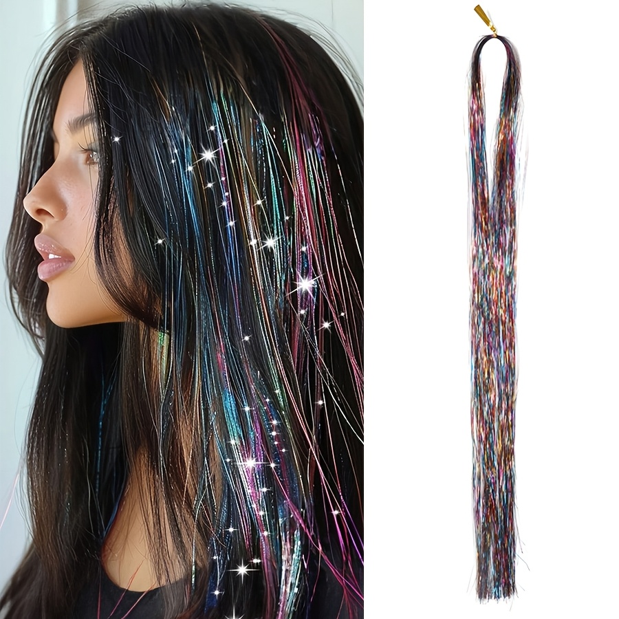 TEMU Kit de Tinsel Holográfico para el Cabello con Extensiones de Rectas Resistentes al y Herramientas - Multicolor para Fiestas de Navidad,