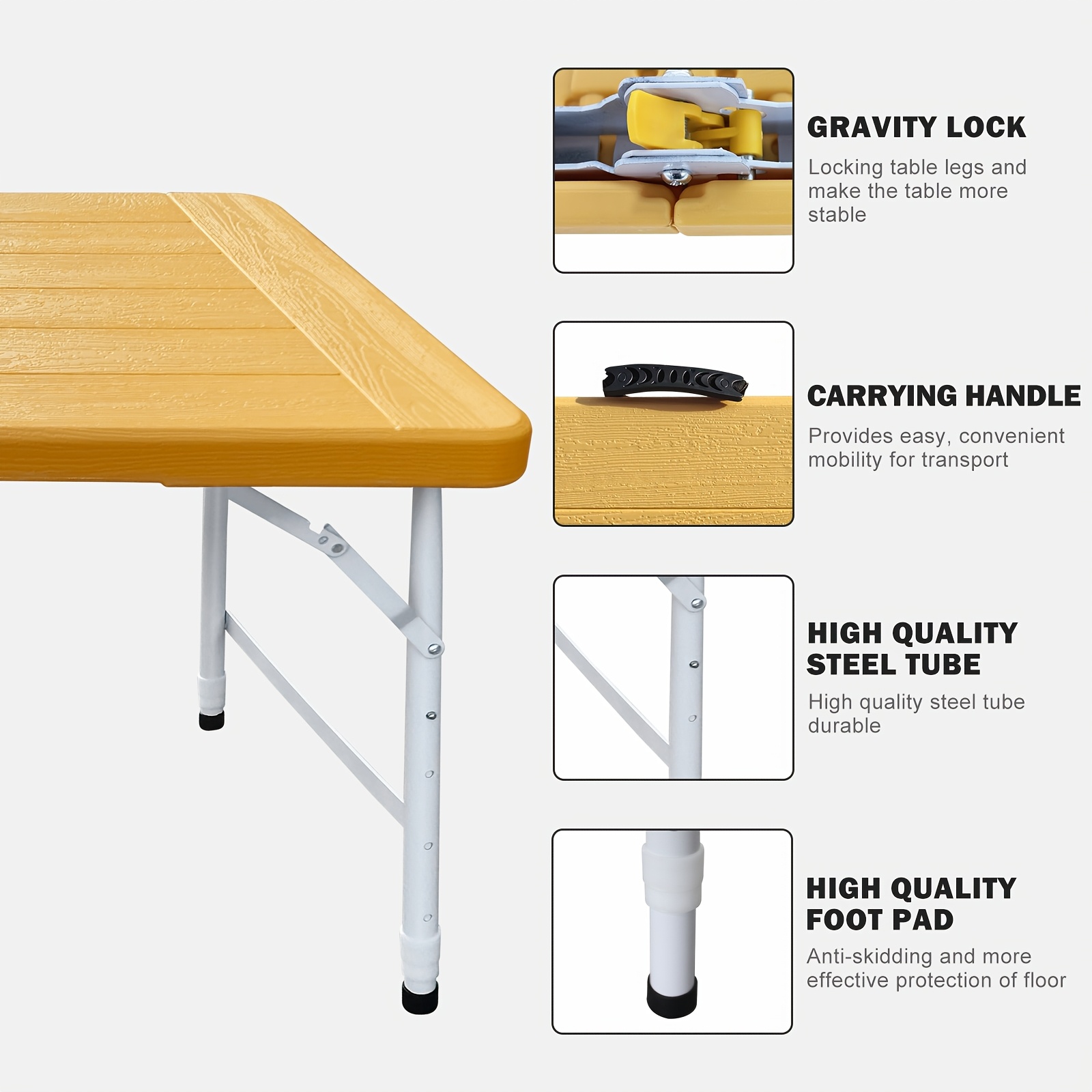 4FT Yellow Folding Table, Portable Table with Handle, Sturdy Steel Legs for Heavy-Duty Use, Ideal for Parties, Dining, Weddings, Events, Picnics, Indoor And Outdoor Activities, Camping