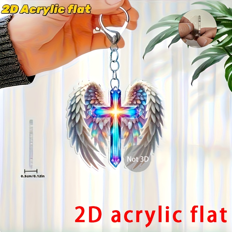 2d Flat (not 3d), A Creative Acrylic Wings And Cross Keychain With A Featuring A Delicate Lobster Clasp. A Stylish Decorative Accessory Suitable For Backpacks, Keychains, Car Rearview Mirrors, Decor