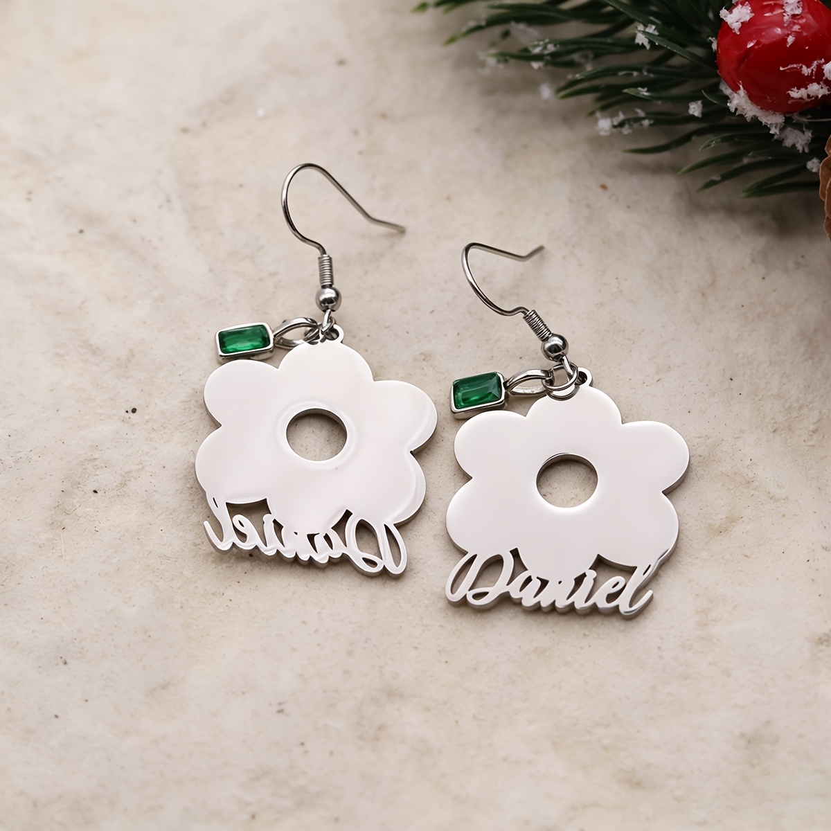 Personalized Flower Drop Earrings with Engraved Name