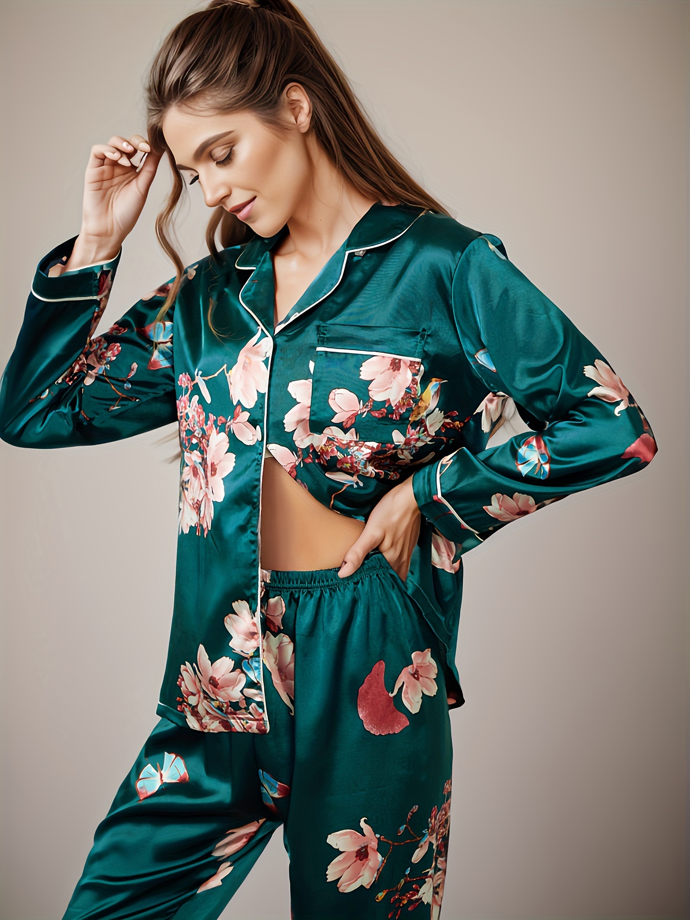 Fancy Floral Print Satin Pajama Set hotsell - Long Sleeve Shirt & Pants - Luxury Loungewear , Comfortable Sleepwear Cute Homewear , Free Shipping