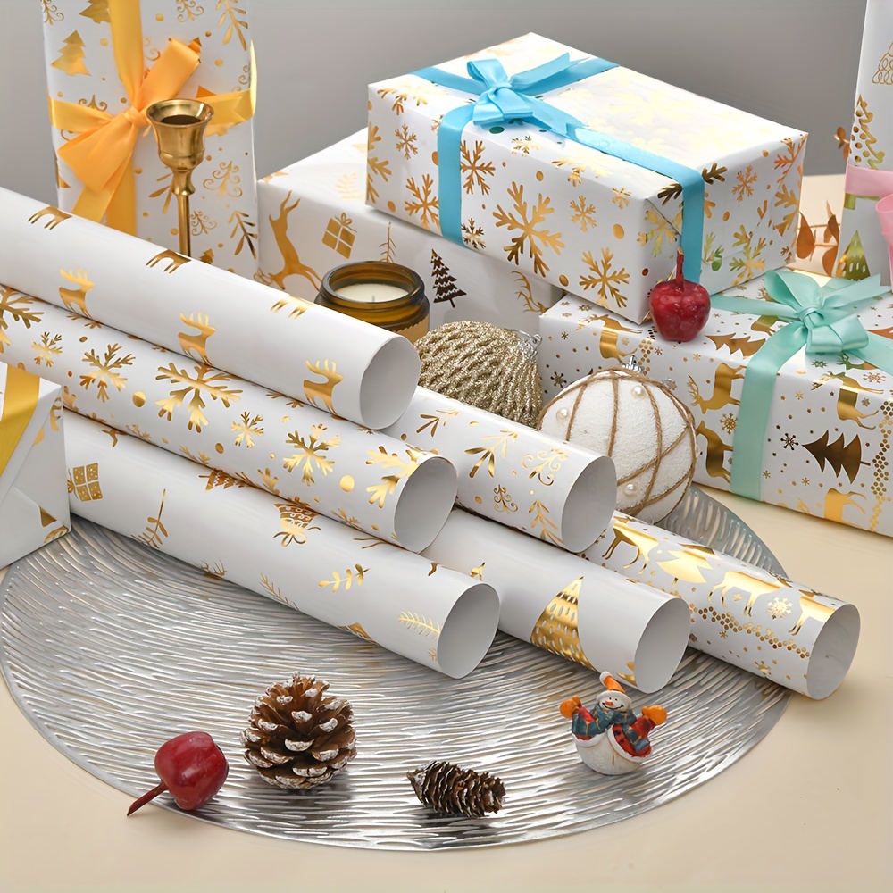 

1pc/6pcs 6 Assorted Christmas Gift Wrapping Paper, With Reindeer And Tree Patterns, Golden Foil Sparkle, Festive Wrapping, 27.5 X 19.6 Inches