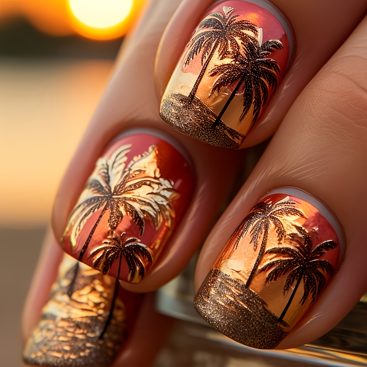24pcs Short Square Press-on Nails With Coconut Tree Glitter Design, Wear, Easy To Apply And Remove For Daily Use