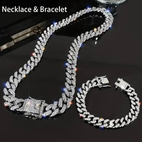 set of 2 necklaces and bracelets in hip hop style jewelry with cuban link chain and sparkling rhinestones miami necklace and bracelet set for men and women party gifts