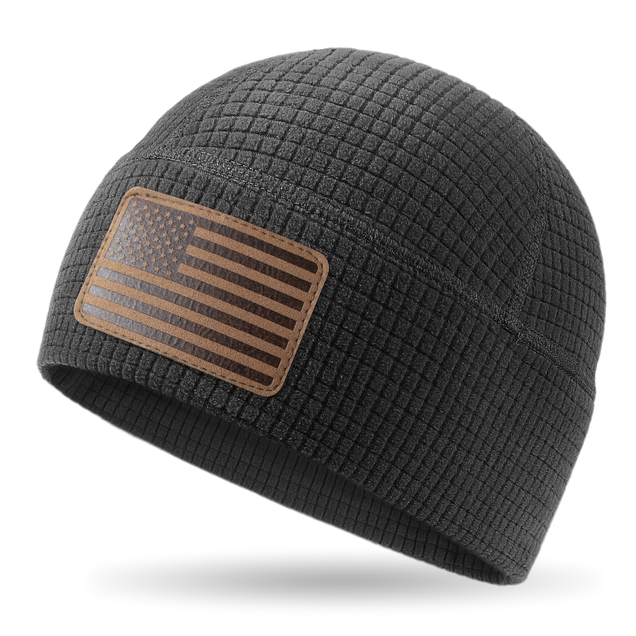 TEMU Grid Beanie With American Flag Leather Patch, Waffle Knit Stretch Skull Cap For Outdoor & Daily Wear, Black