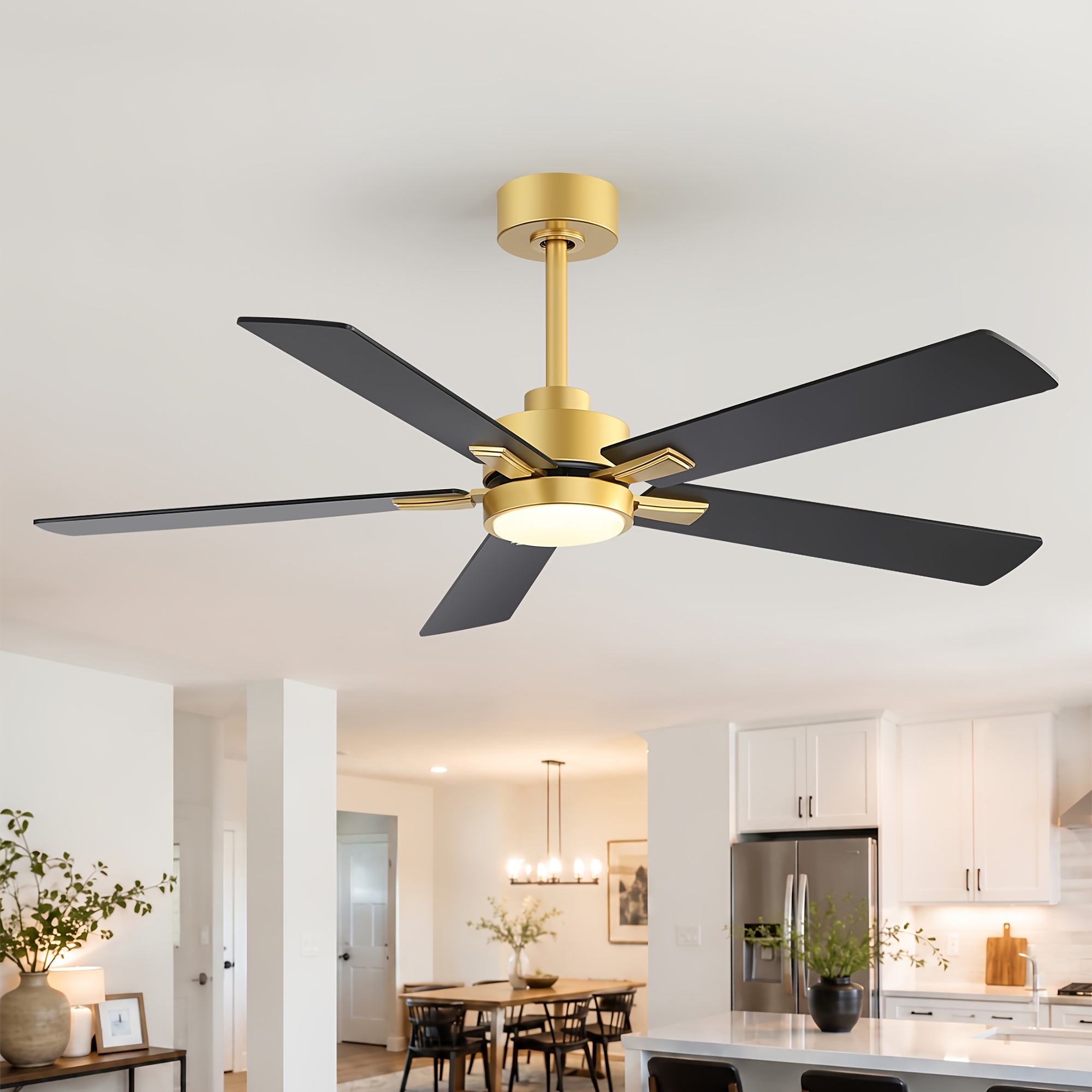 Ceiling Fans With LED Lights, 52 Inch 5-Blade Ceiling Fan Remote Control, Industrial Ceiling Fan With Reversible DC Motor, Downrod Mount LED Ceiling Light Chandelier For Bedroom