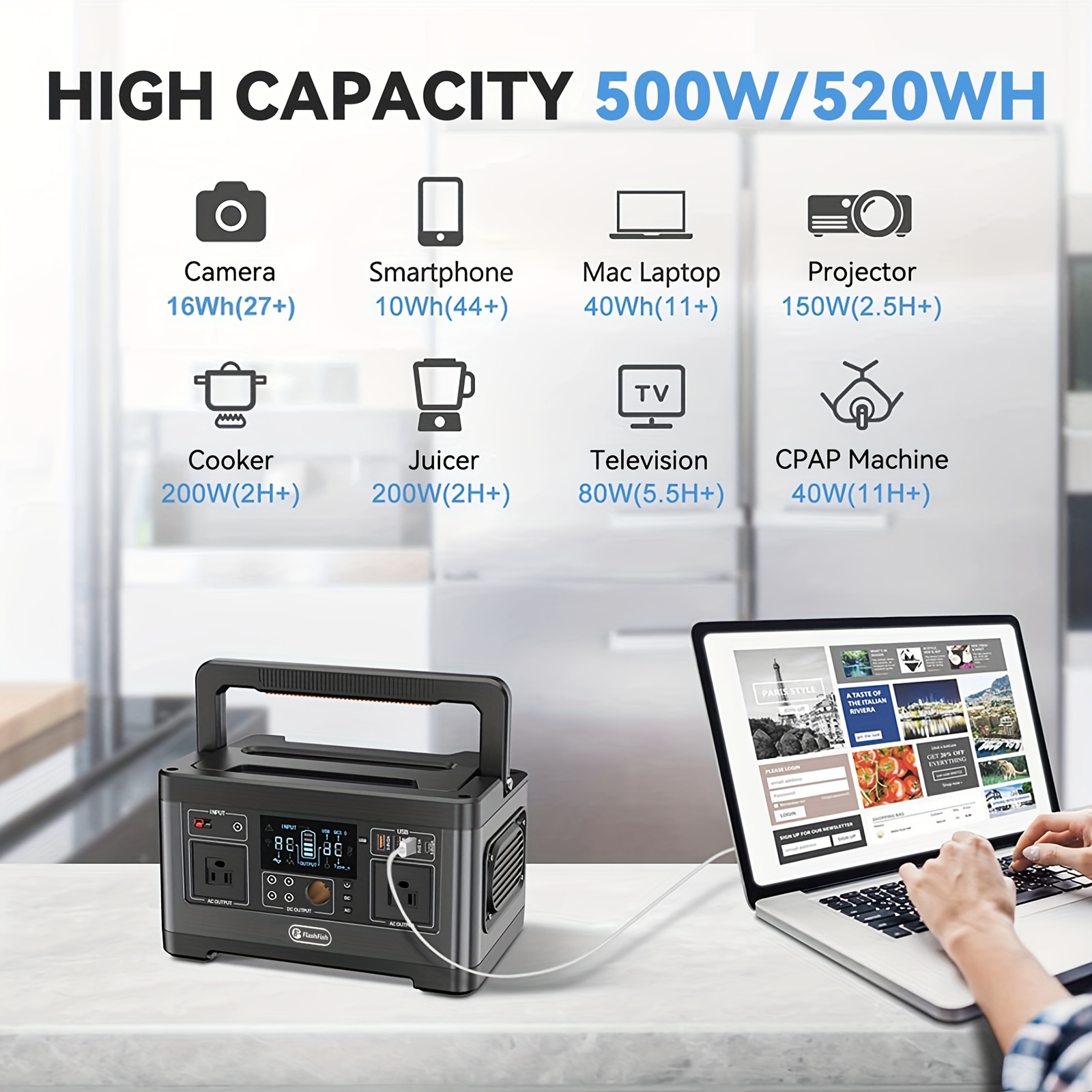 500w solar power station with 100w foldable solar panel 520wh portable lithium battery 2x 110v ac outlets usb type c black backup generator for work rv camping travel and   portable power supply solar charging device   handle feature solar power generator   3