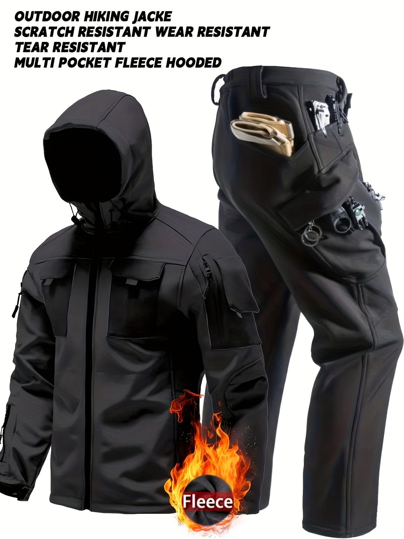Men's Tactical Fleece Hooded Soft Shell Jacket & Overalls Set