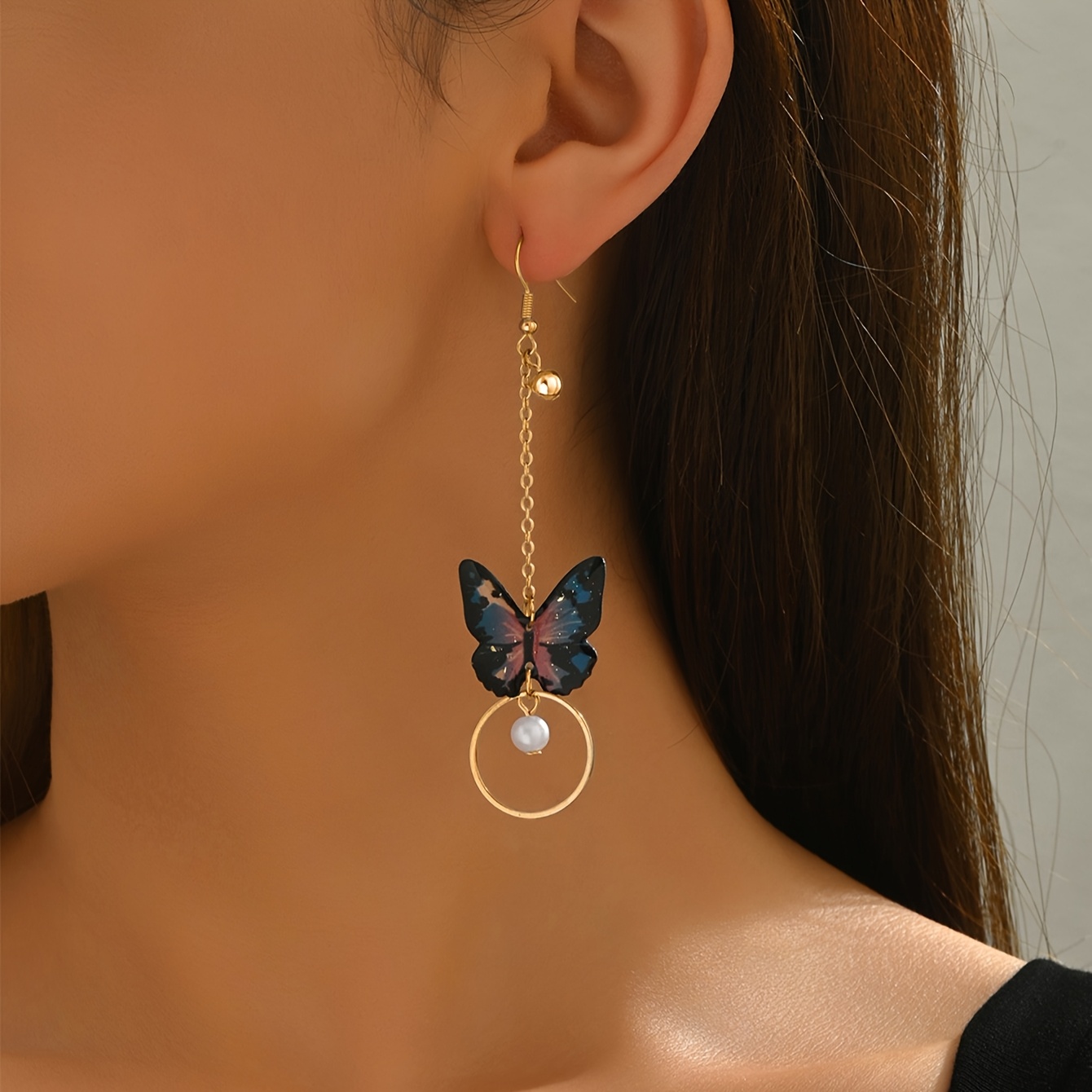 Women's Asymmetric Long Dangle Earrings with Butterfly & Tassel