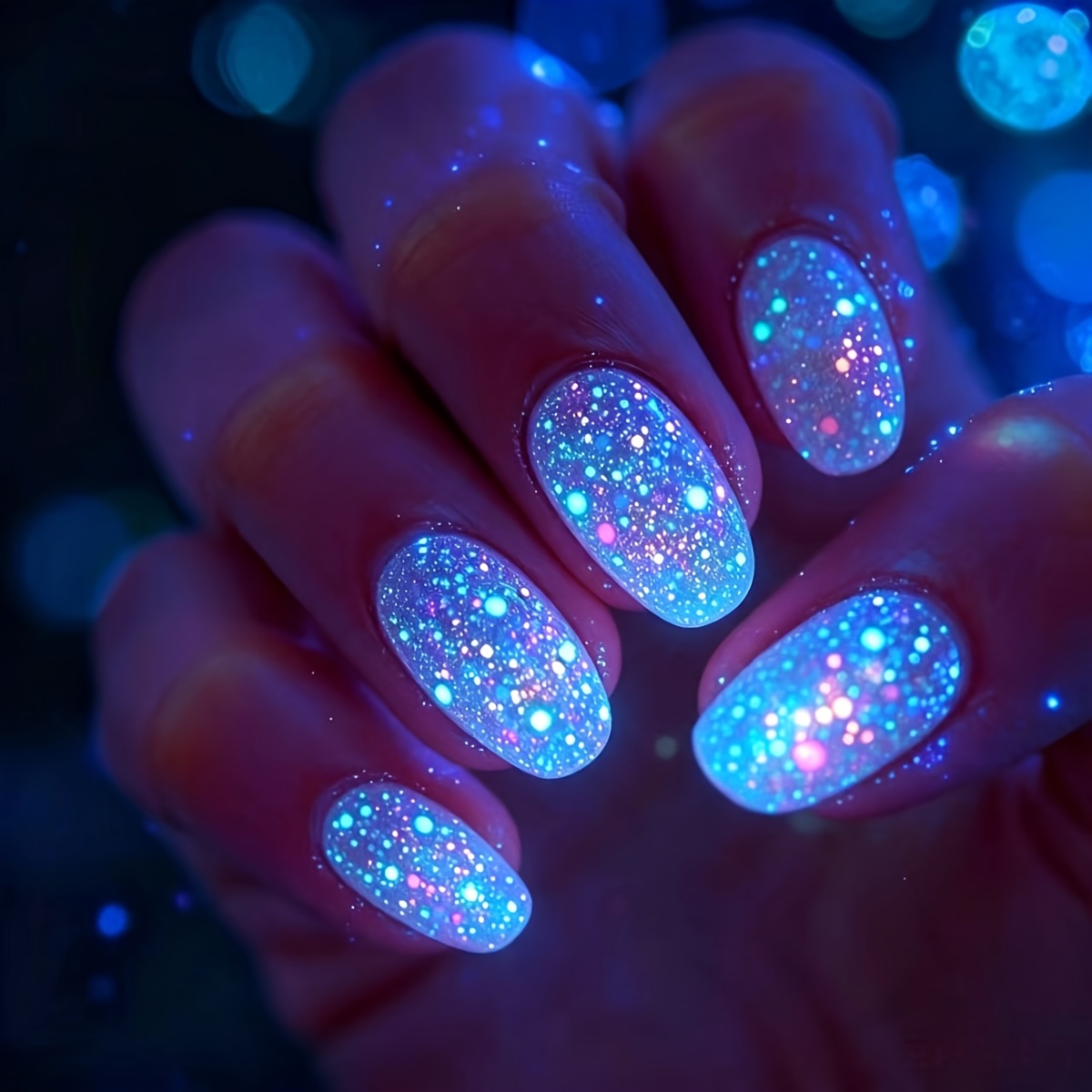 TEMU Set Unghie Finte 24 Pezzi, Unghie Blu Neon Glitter Strass per Ambienti Oscuri, Festa Attivit� Gruppo Occhiante Fogli Unghie Rimovibili Lucidi,