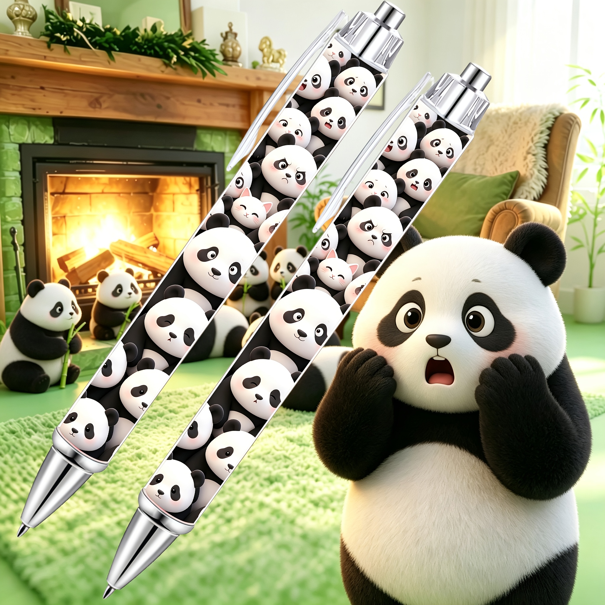 TEMU 2pcs, Press-style Neutral Pens: Dense Panda Design Ballpoint Pens, Black Ink, Suitable For Weddings, Birthdays, Halloween, Christmas Gifts,
