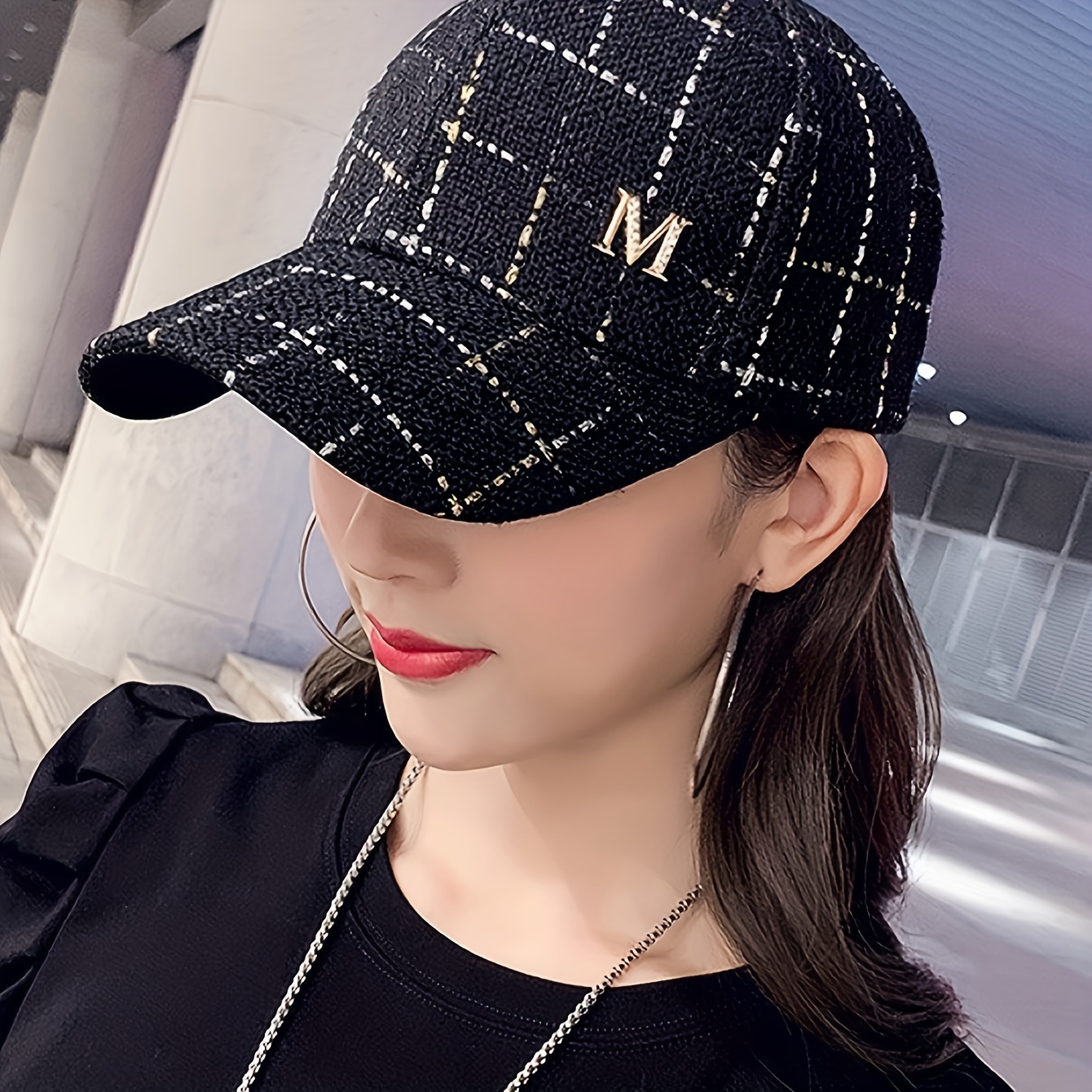 

1pc Metal M Decorative Baseball Cap Black Elegant Dad Hat Lightweight Adjustable Sunshade Hats For Women