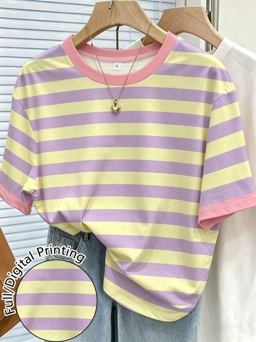 womens striped printed crew neck short sleeve t shirt casual comfortable versatile