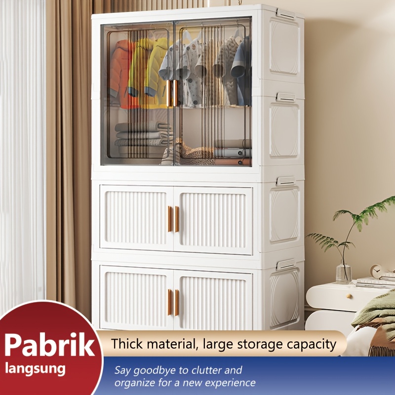 item picture Foldable Plastic Wardrobe with Wheels Double Door Storage Cabinet Thickened Material Magnetic Closure Stackable Closet Organizer for Clothes Bedroom Living Room, Portable Closets