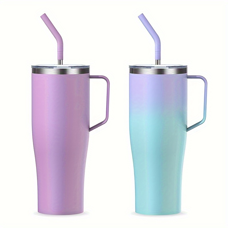 

2pcs 50 Oz With Handle And Straw, Insulated Stainless Steel Large Leak Proof Travel Cup, Keep Drinks Cold For 30 Hours Or Hot 9 Hours, Dishwasher Safe, Fits Car Cup Holder