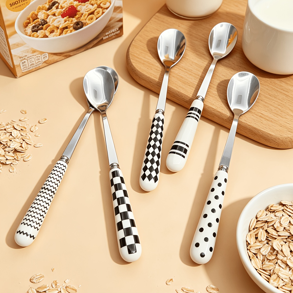 TEMU 5pcs Geometric Pattern Ceramic Handle Stainless Steel Cutlery Set, Polished Surface Tableware, With Dessert Spoon, Coffee Spoon, And Fruit Fork,