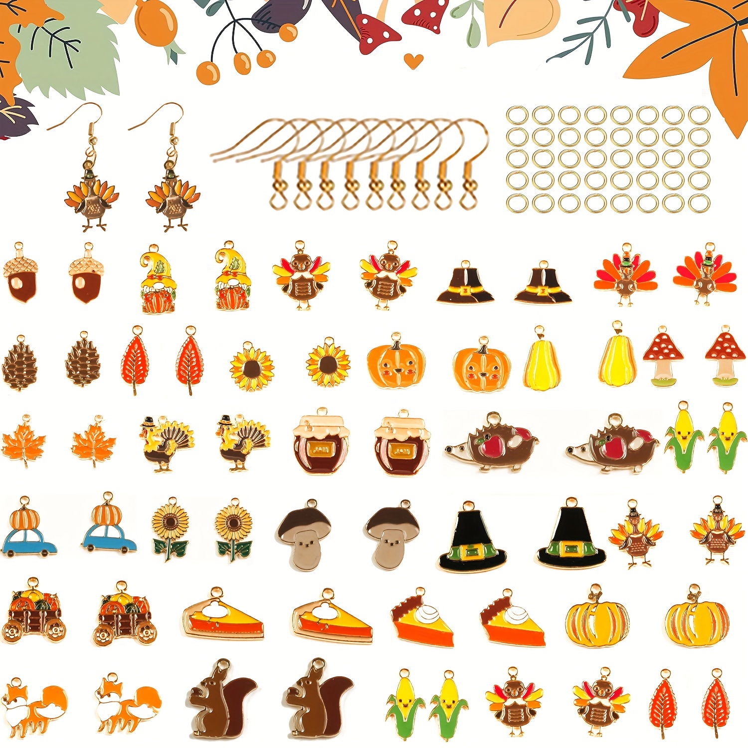 

Festive Thanksgiving Jewelry Set: 100/200 Pcs Earring Hooks, Autumn Leaves, Pumpkins, Turkeys - Zinc Alloy Material - Diy Crafts, Jewelry Making Kits