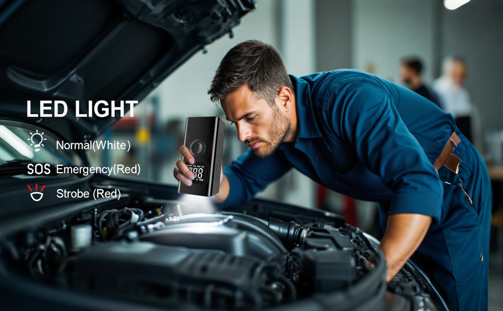 portable jump starter with built in air compressor 150psi battery jumper for 5 0l gasoline   0l   engines 12  jump box with integrated jumper cables led light and lcd display display Product details 3