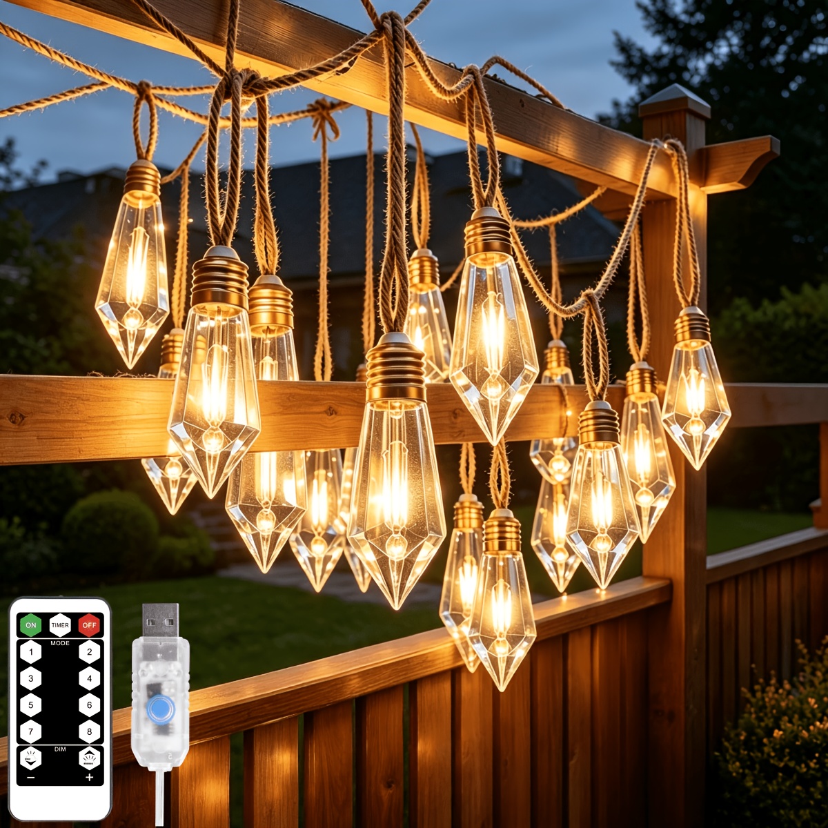 TEMU 1 String Usb Operated Hemp Rope Led Fairy String Lights, 8 , 8/16/24 Bulbs (80/160/240 Leds), Indoor Outdoor Holiday Decor For Garden, Wedding,