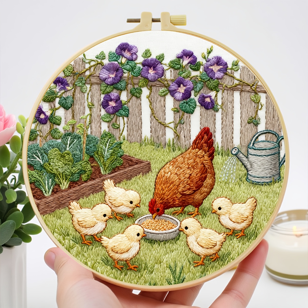 TEMU Embroidery Kit, 15x15cm/5.9x5.9 Inches, 20x20cm/7.9x7.9 Inches, Chickens , Handmade Embroidery Kit, Suitable For Adult Beginners, Includes