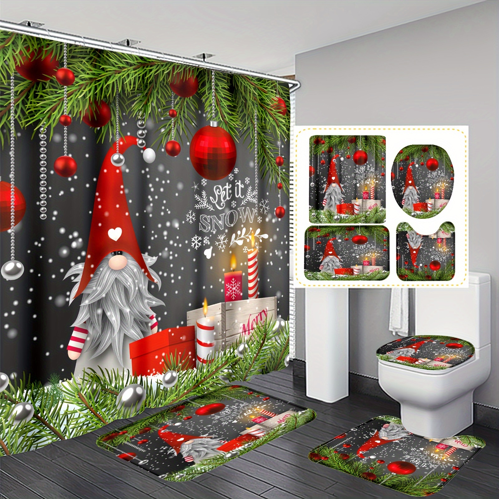 

1pc/4pcs Christmas Polyester Waterproof Insulation Home Decoration Bathroom Shower Curtain With 12 Hooks, Bathroom Non-slip Mat, U-shaped Floor Mat And Round Toilet Seat Mat, Bathroom Set For All