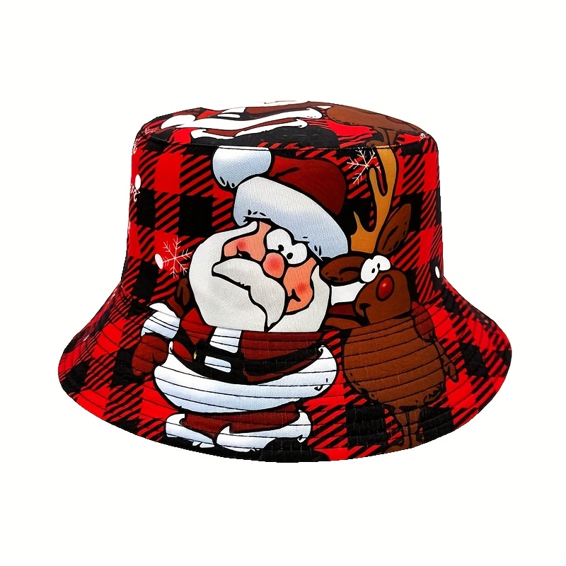 TEMU A Christmas-themed Men's Bucket Hat - Lightweight With A Wide Brim, Featuring A Cute Cartoon Print Of Santa Claus And His Sleigh Dogs. This
