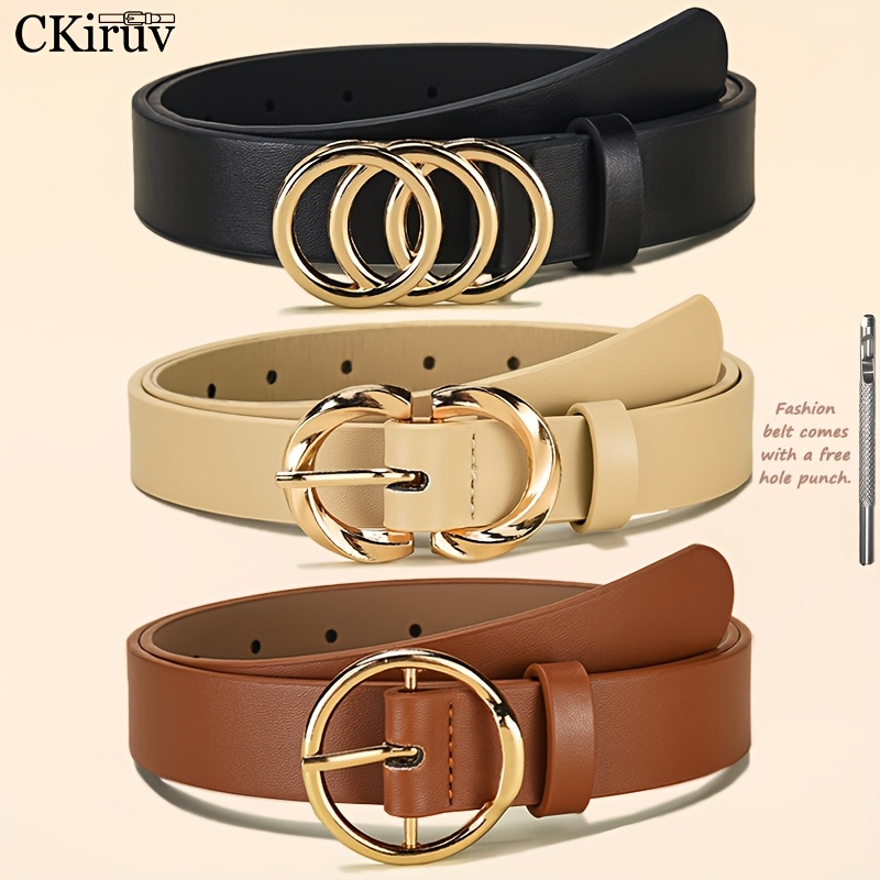 3pcs Women' And Versatile Belt Set, Featuring Three-ring, , And Single-ring Alloy Buckles. Designed With Geometric Elements, -color Belts . Adjustable With A Complimentary Hole Punch For Fine-tuning.
