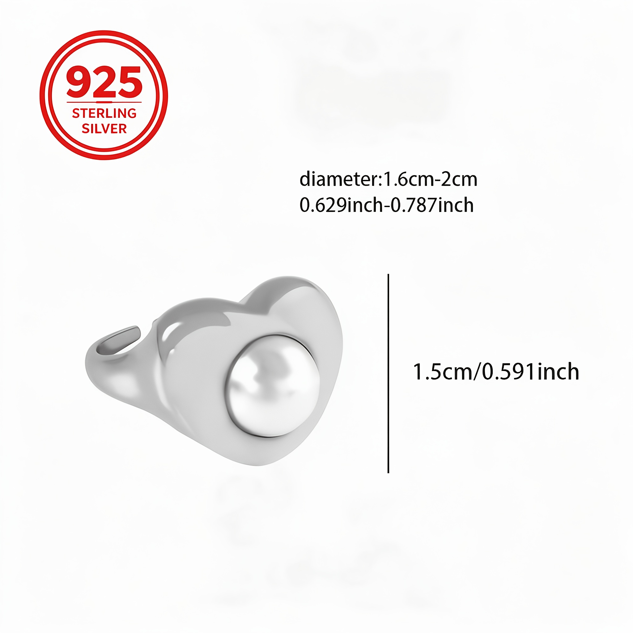 Women's 925 Silver Heart Bead Adjustable Ring, Premium Feel