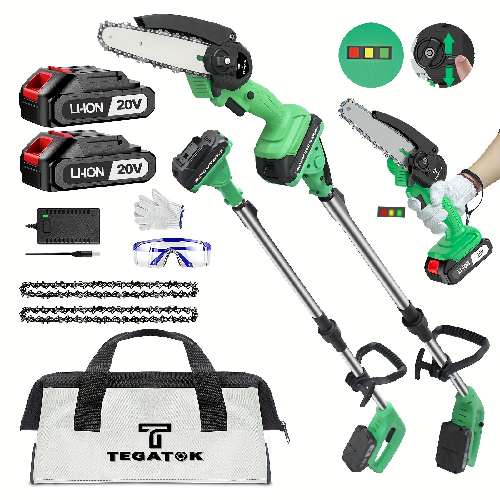 

Tegatok 6-in Mini Chain Saw With 5.8 Ft Extendable Rod, 2 Batteries And , 2-in-1 Cordless Pole Saw, Small Handheld Portable Chainsaw Battery Powered Chain Saw For Cutting Wood Trimming And Woodworking