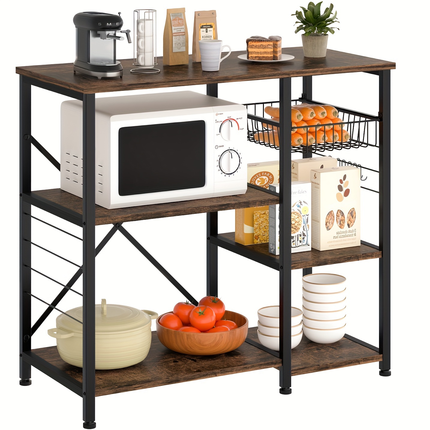 

Jamfly Kitchen Bakers Rack, Microwave Stand, Coffee Bar With Wire Basket, 5 Tier Kitchen Oven Stand, Kitchen Storage Shelf With 6 S-hooks, For Living Room, Spice, Pots And Pans Organizer